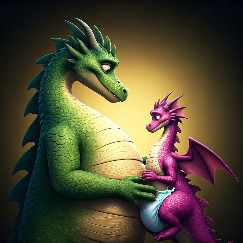 Mother Dragon Changes Diaper in Vibrant 3D Art