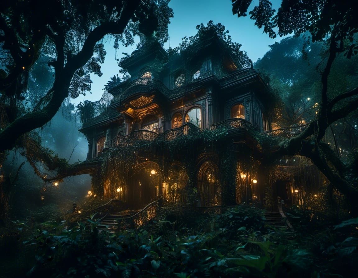 Mysterious Jungle Mansion at Twilight in Art Deco Style