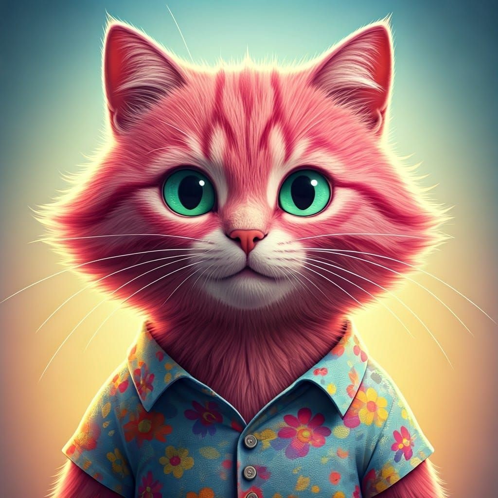 Pink Cat in Floral Shirt: Pixar-Inspired 3D Art