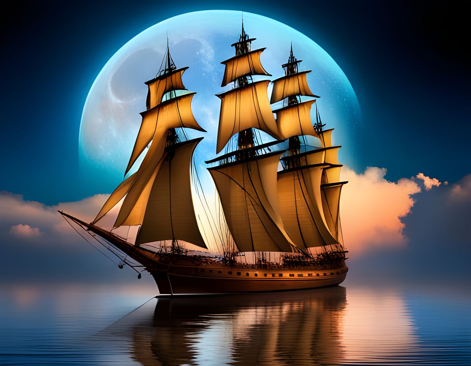 Colonial Tall Ship Silhouetted by Moonlight