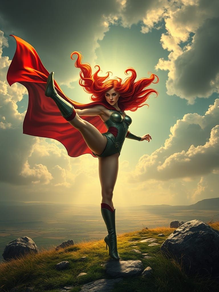 Epic Superheroine Kicking High in Irish Landscape