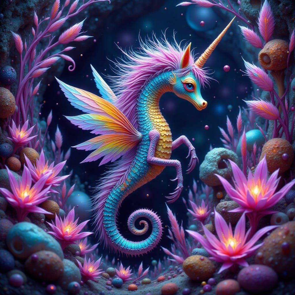 Iridescent Seahorse in Bioluminescent Cave