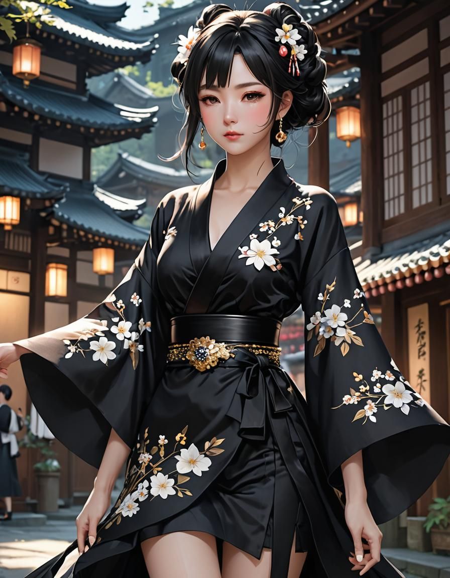 Anime Style Black Kimono Dress in 3D
