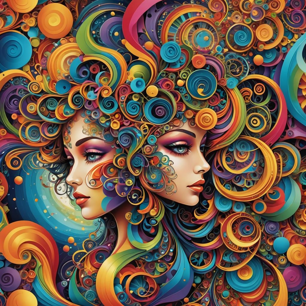 Abstract Rainbow Head with Musical Motifs