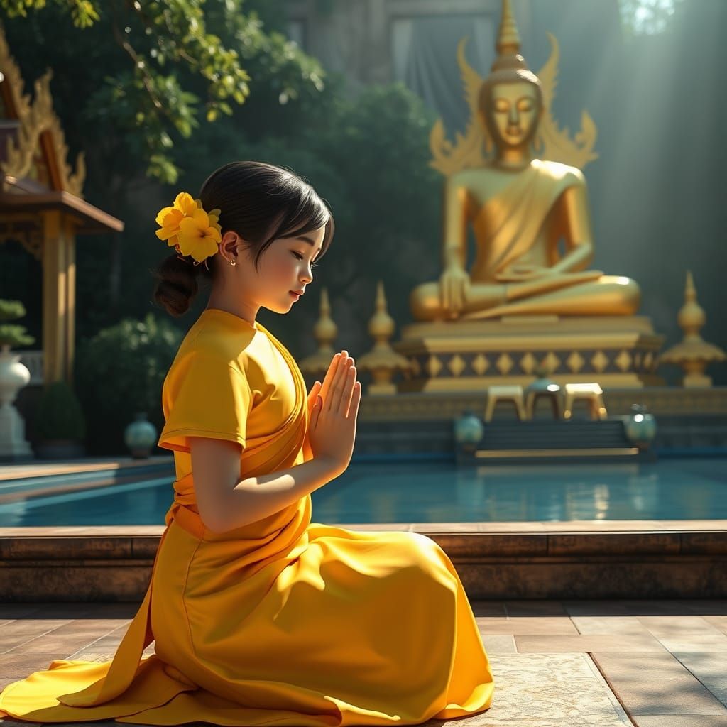 Thai Girl Praying to Golden Buddha: 3D Anime Art