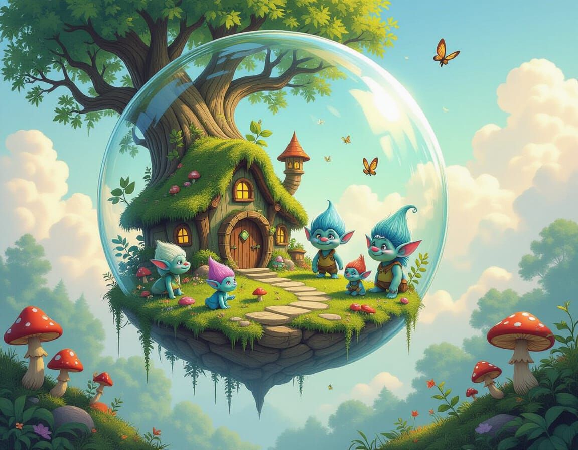 Troll Village in Floating Bubble, Whimsical Art