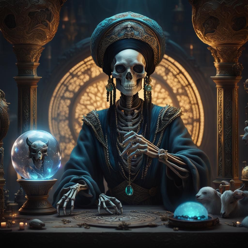Skeleton Fortune Teller with Crystal Ball, Detailed Matte Pa...