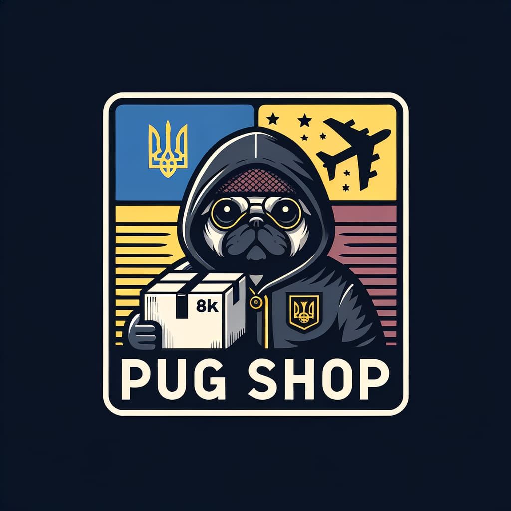 Minimalist Pug Shop Logo with Ukrainian and Chinese Flags