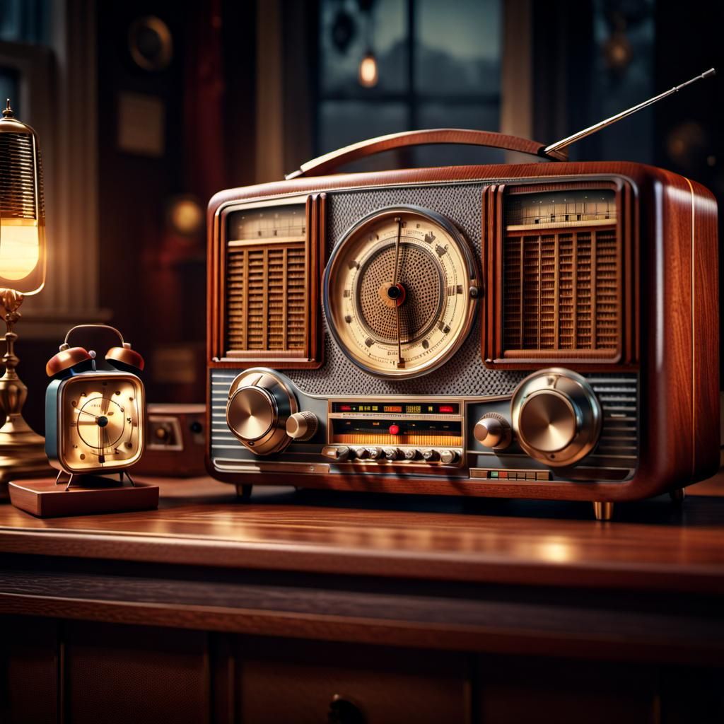 Family Gathered Around Vintage Radio in Hyperrealism