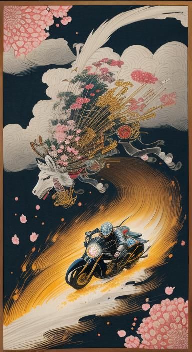 Floral Motorcycle in Motion, Ukiyo-e Japanese Art