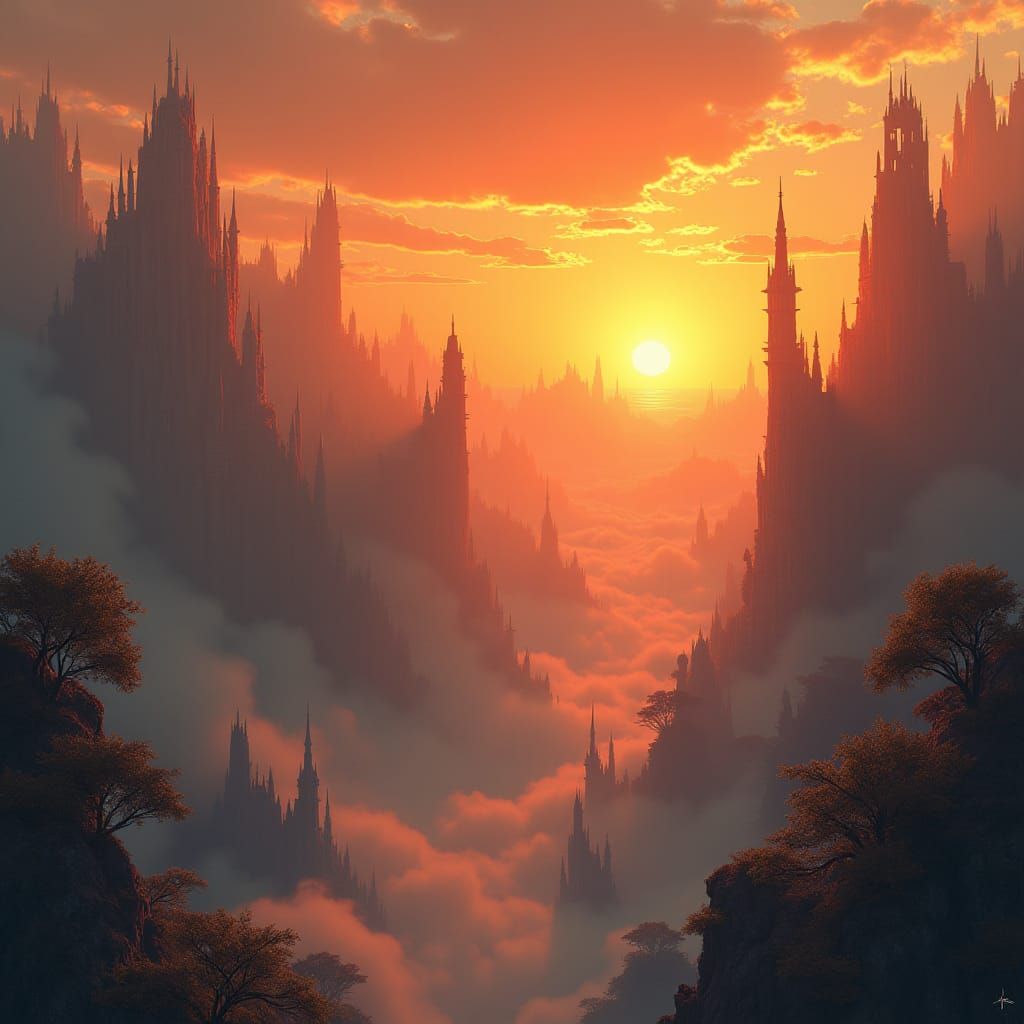 Ethereal Sunset over Mystical Realm in Fantasy Art Style