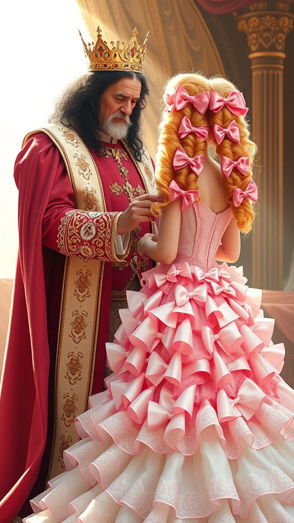 King Assists Bride with Wedding Gown