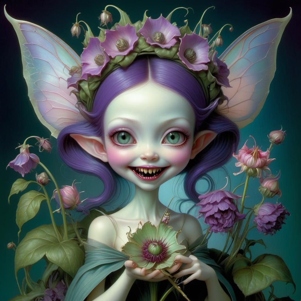 Evil Fairy Biting Flower in a Night Garden