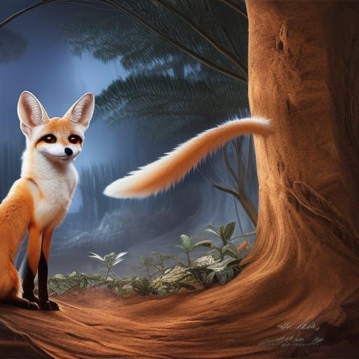 Nine-Tailed Fox in Dark Woods: Digital Painting