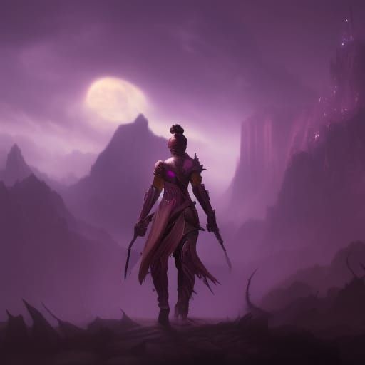 Female warrior facing towards purple moon