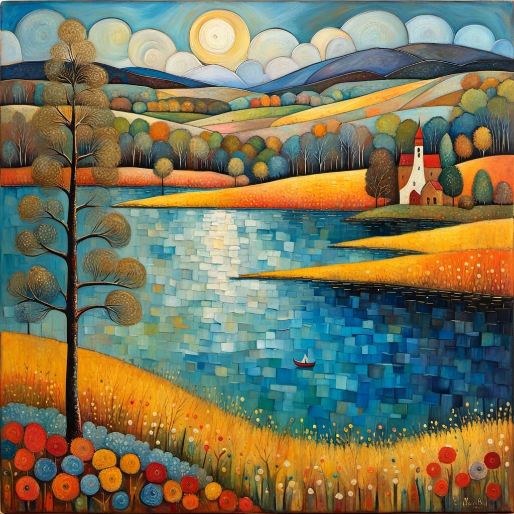 Encaustic Finnish Lake Landscape, Impasto Painting