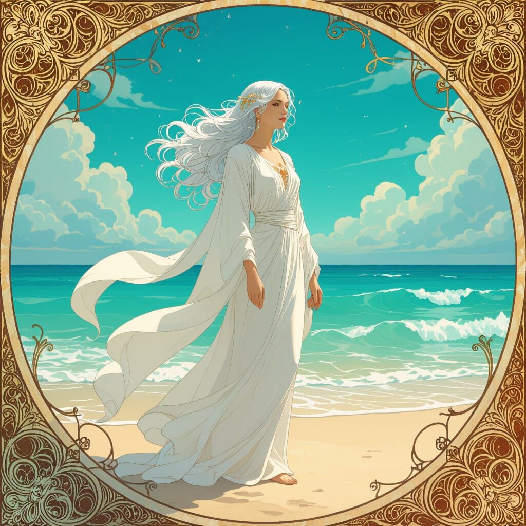 Ethereal Being on Golden Beach in Art Nouveau Style