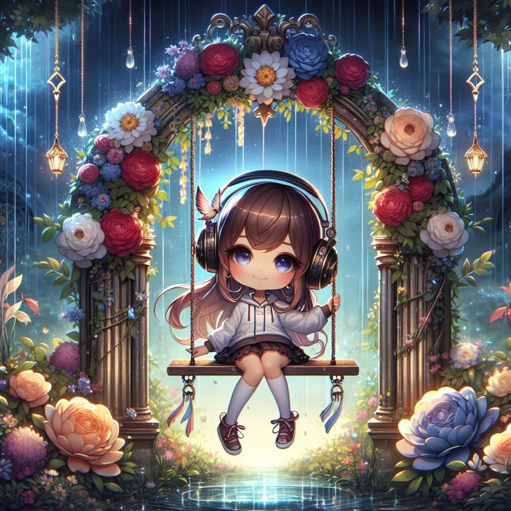 Chibi Girl on Flower Swing in Matte Painting