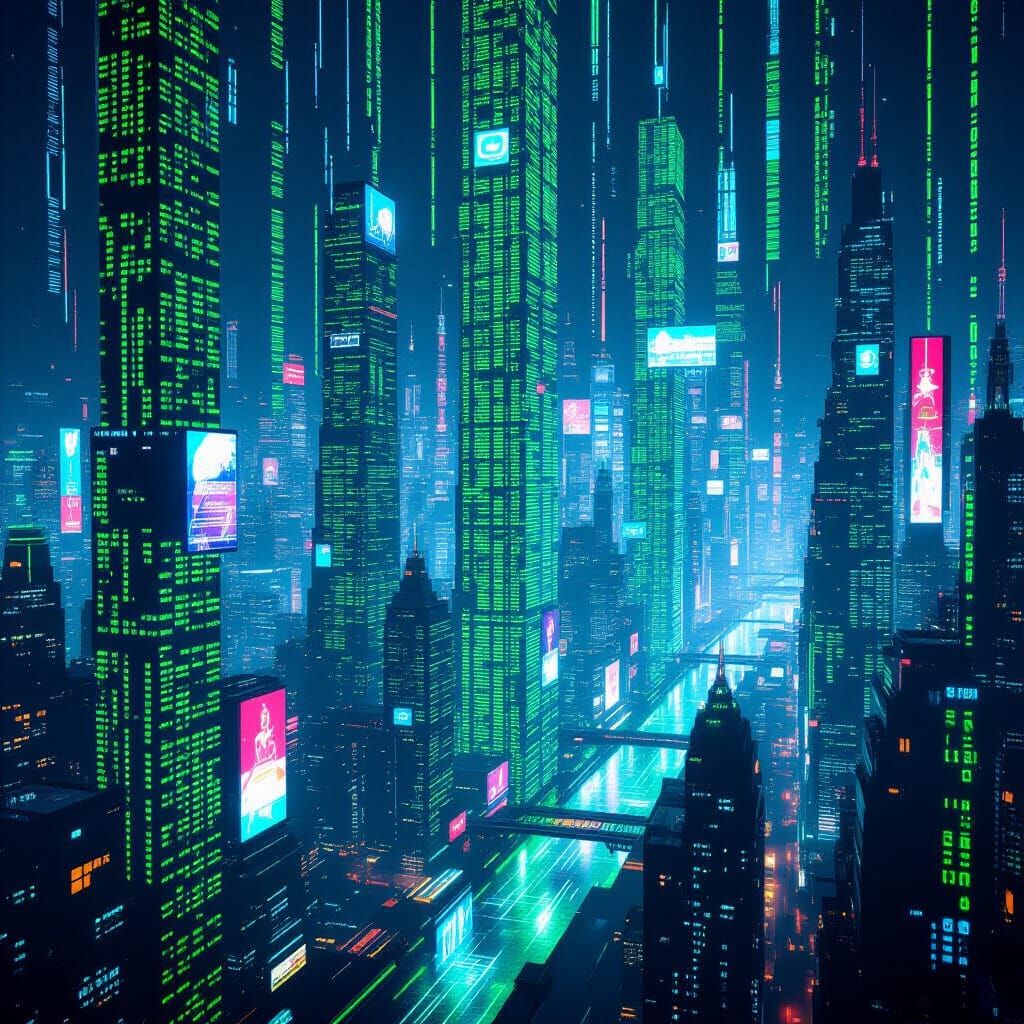 Cyberpunk Cityscape Made of Code and Data Streams