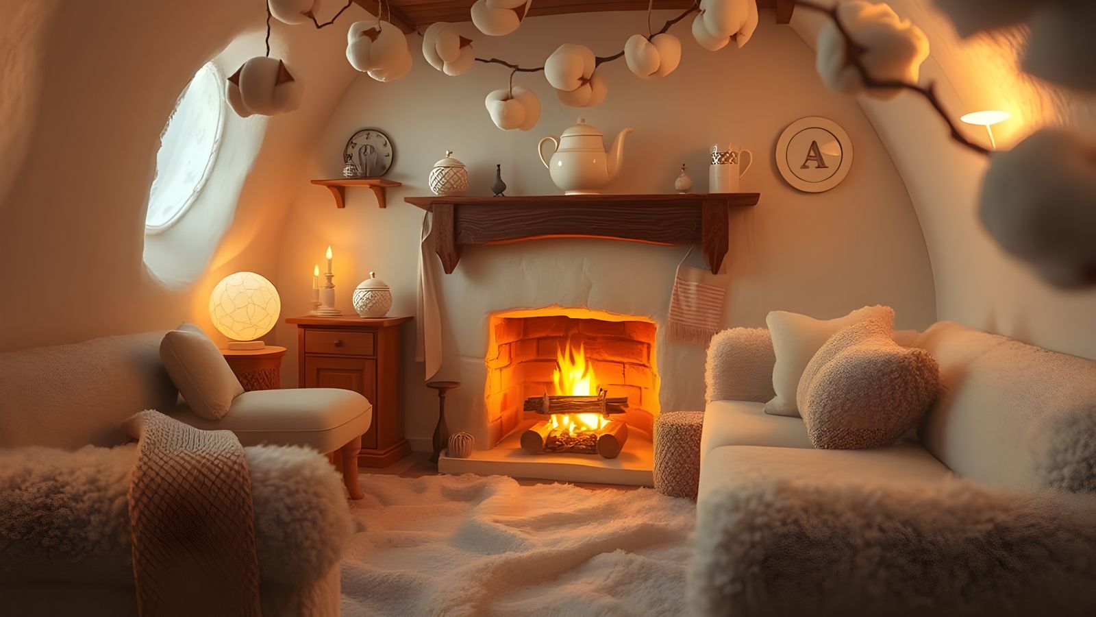 Cozy Cotton Wool Room with Glowing Fire