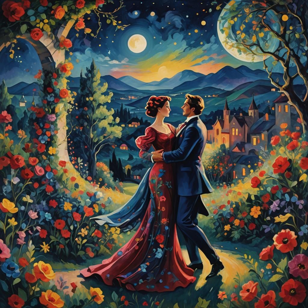 Couple Dancing Under Moonlight in Expressionist Style