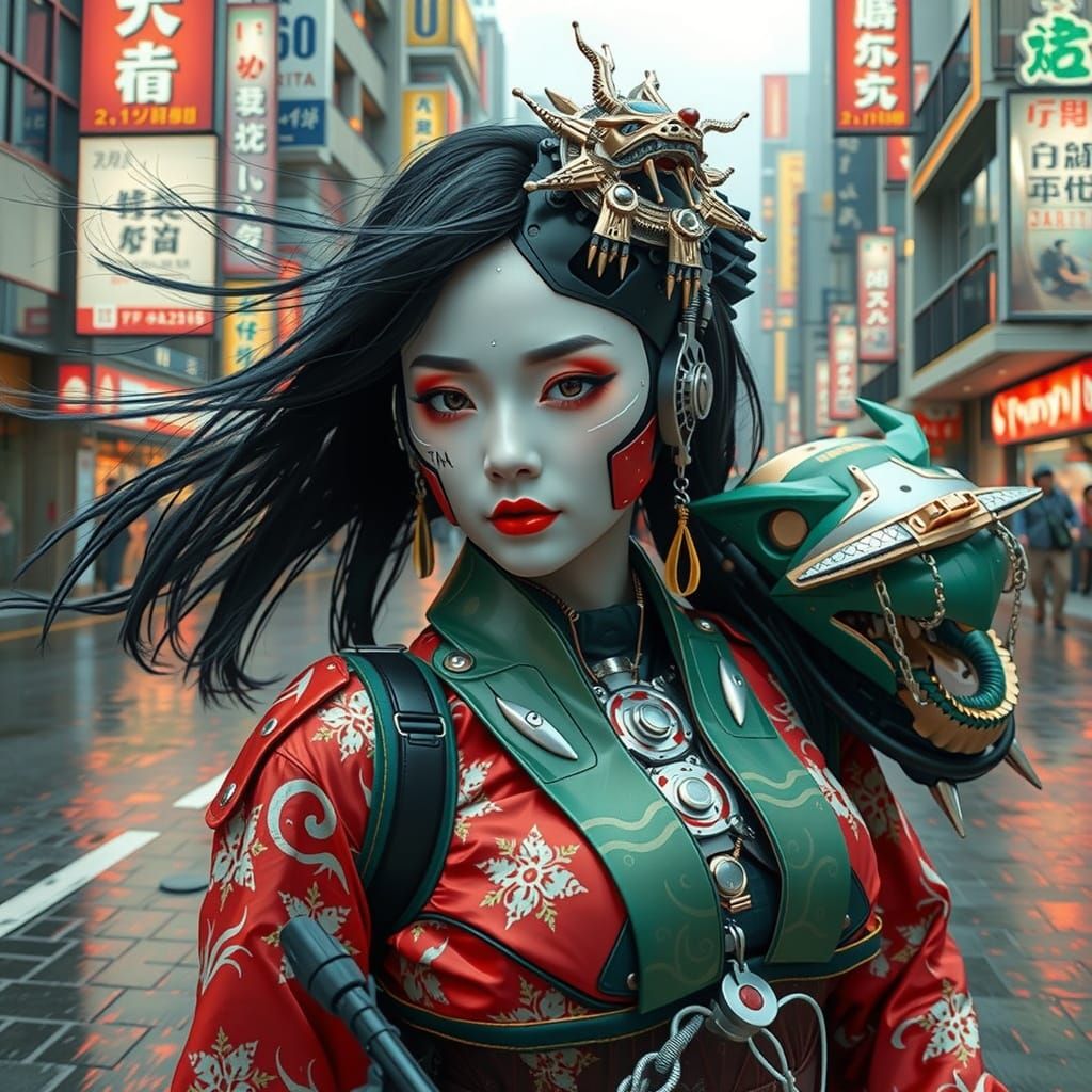 Cyborg Geisha Rides Futuristic Tokyo Streets