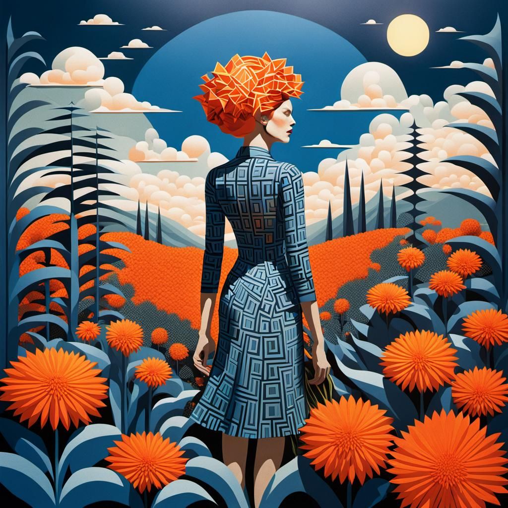 Bauhaus Botanical: Geometric Woman in Fantasy Landscape
