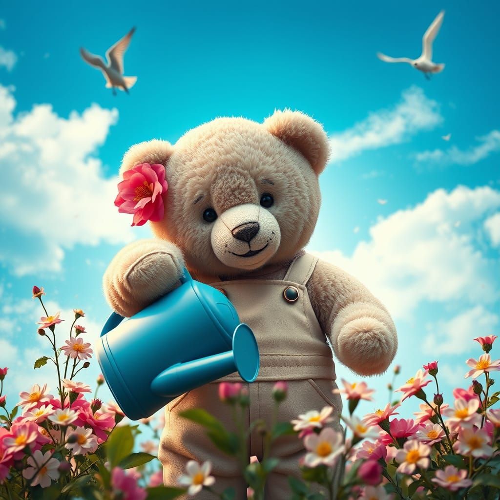 Teddy Bear Gardener in Hyper-Realistic Style
