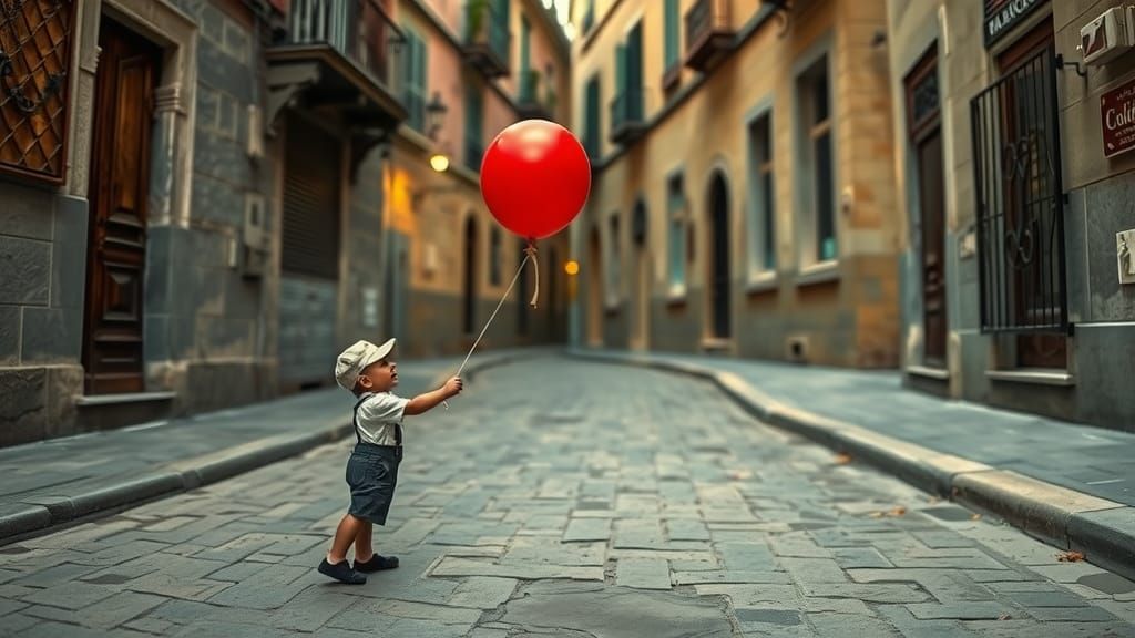Boy with Red Balloon on Cobblestone Street