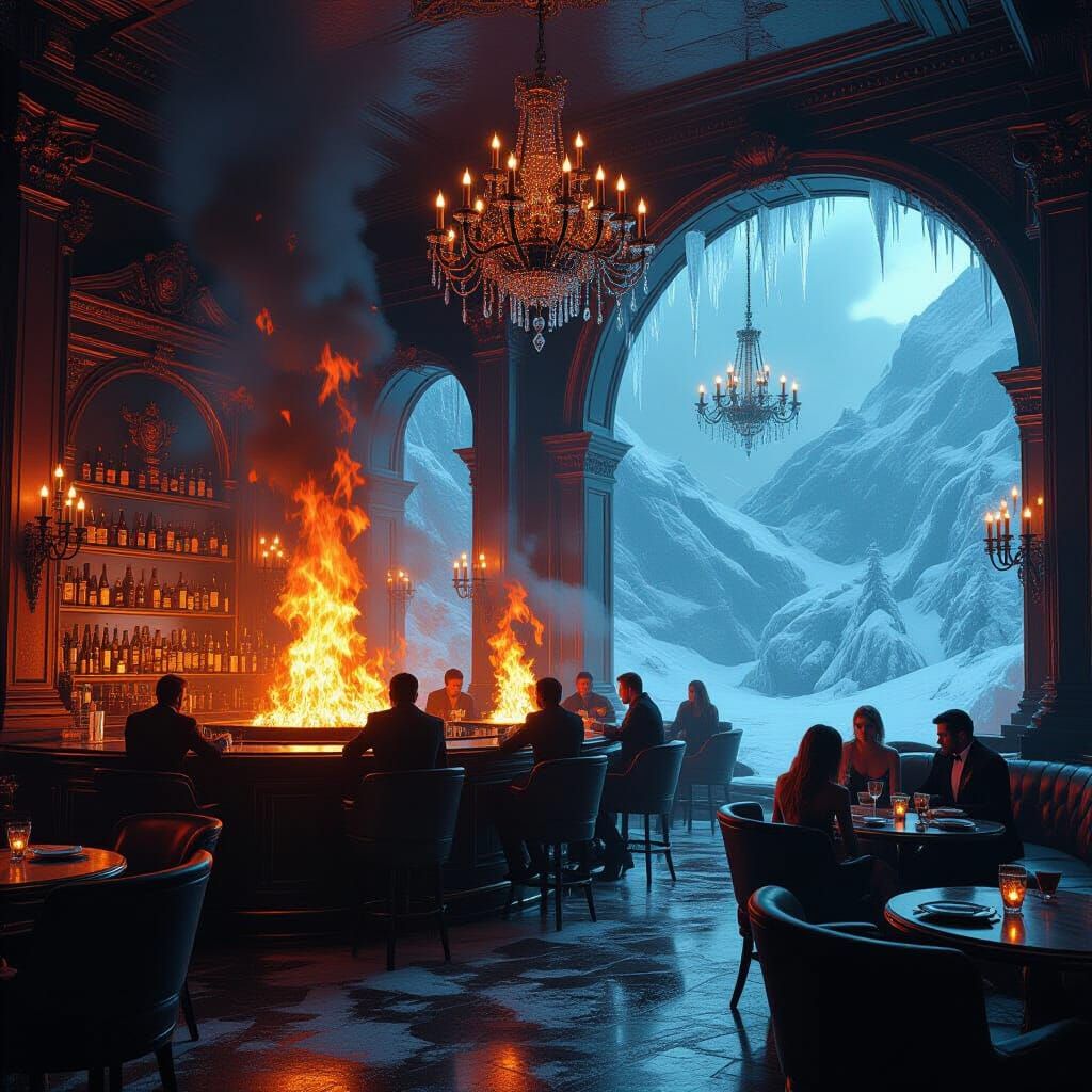 Vintage Bar in Fiery Blaze and Icy Landscape