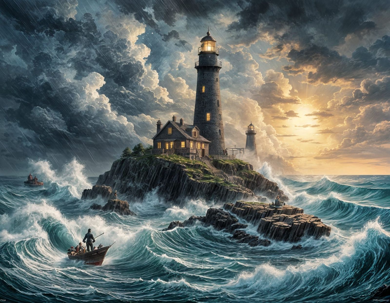 Lighthouse in Stormy Seas: Art Deco Comic Art