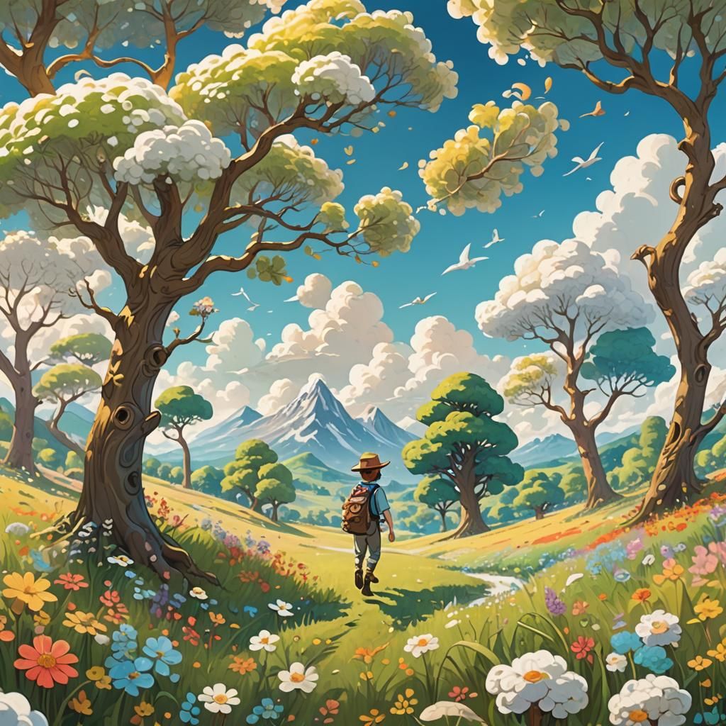 Cartoon Explorer in Whimsical Fantasy Landscape