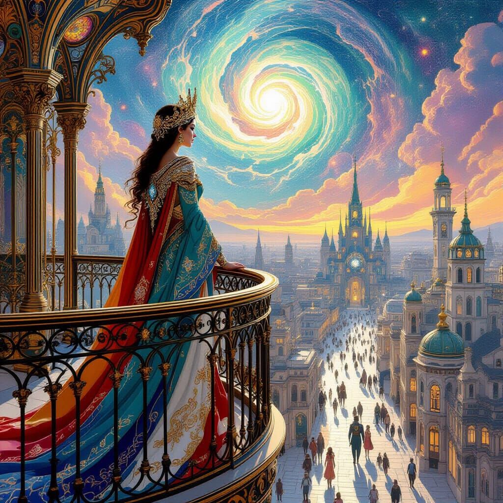 Queen Overlooking City with Art Nouveau Style