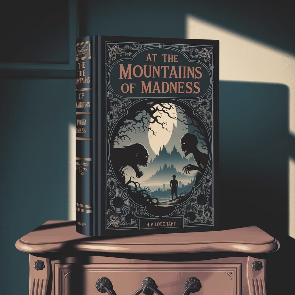 Eerie Lovecraftian Horror Novel Cover in a Dimly Lit Study