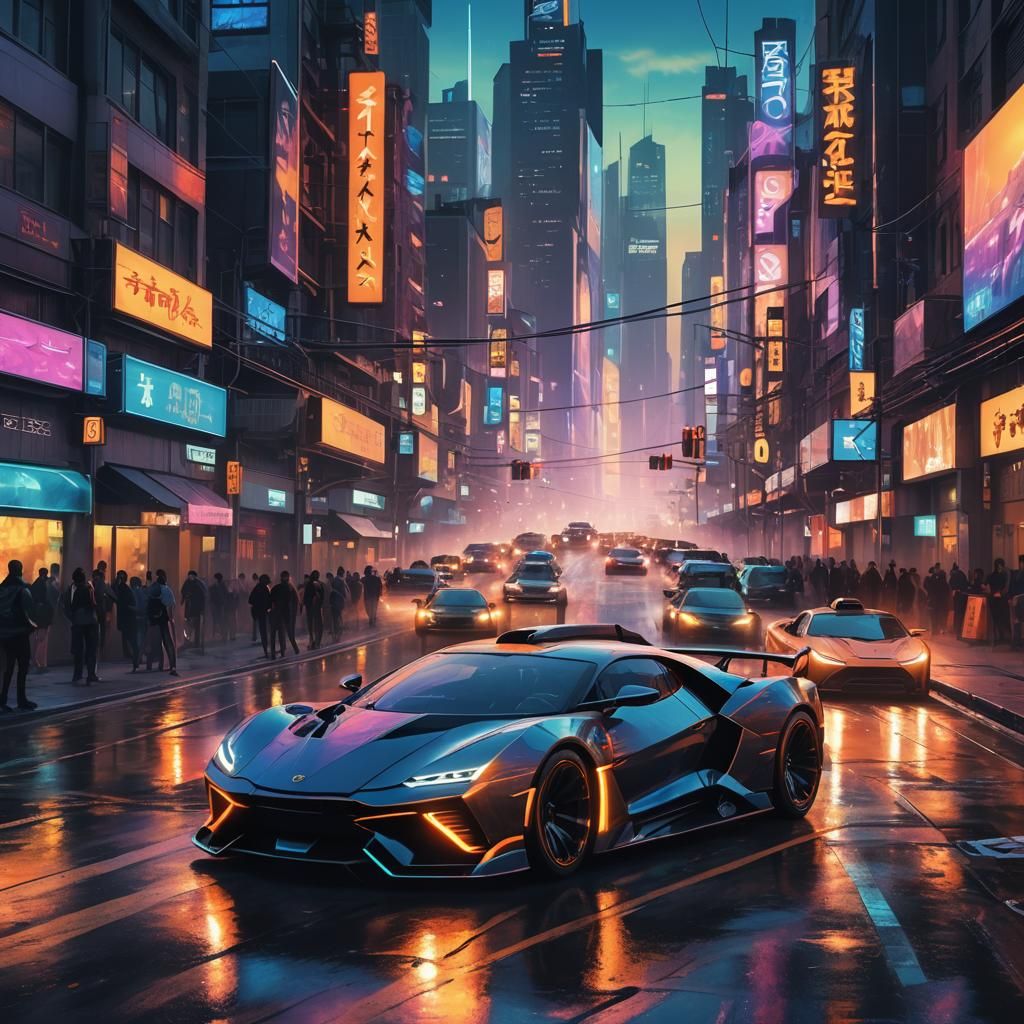 Cyberpunk Supercar Taxis Speeding Through Neon City