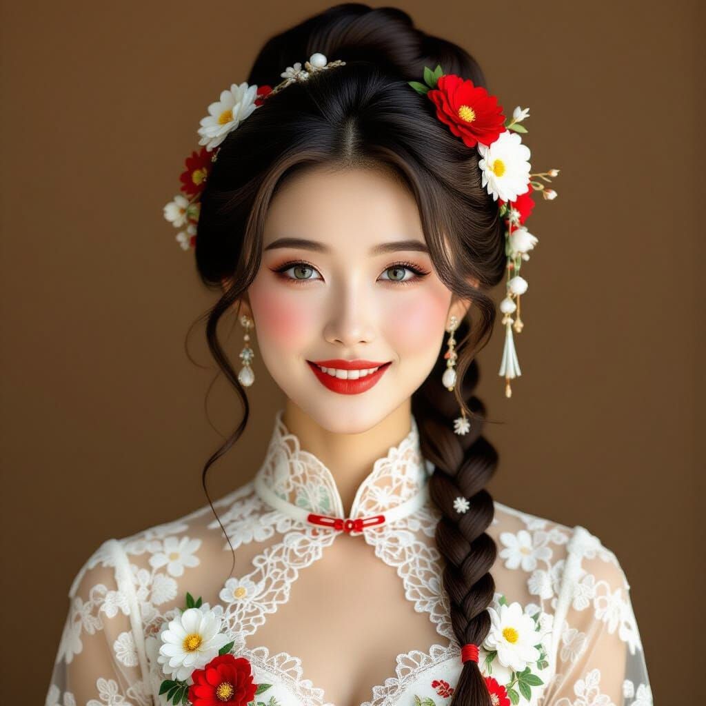 Elegant Chinese Woman with Floral Lace Dress