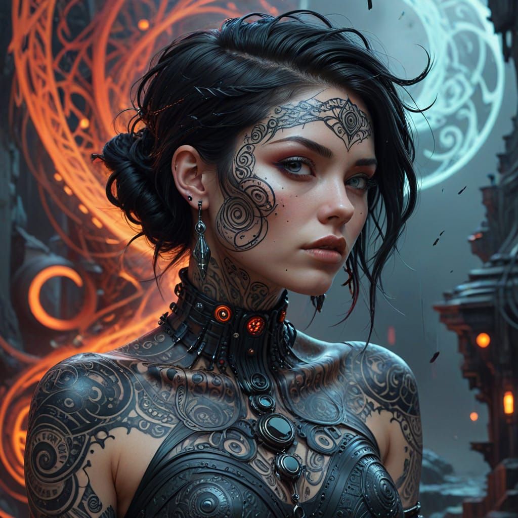 Dark Futurist Goth Woman in Swirling Abstract Landscape