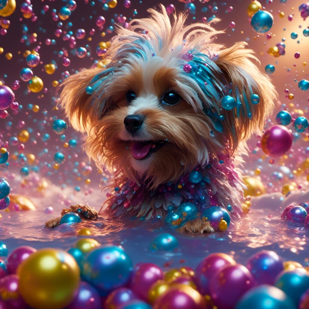 Yorkie Puppy's Colorful Bath in Fantasy Style