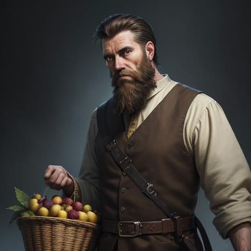 Bearded Man Offering Fruit in Hyperrealistic Digital Art