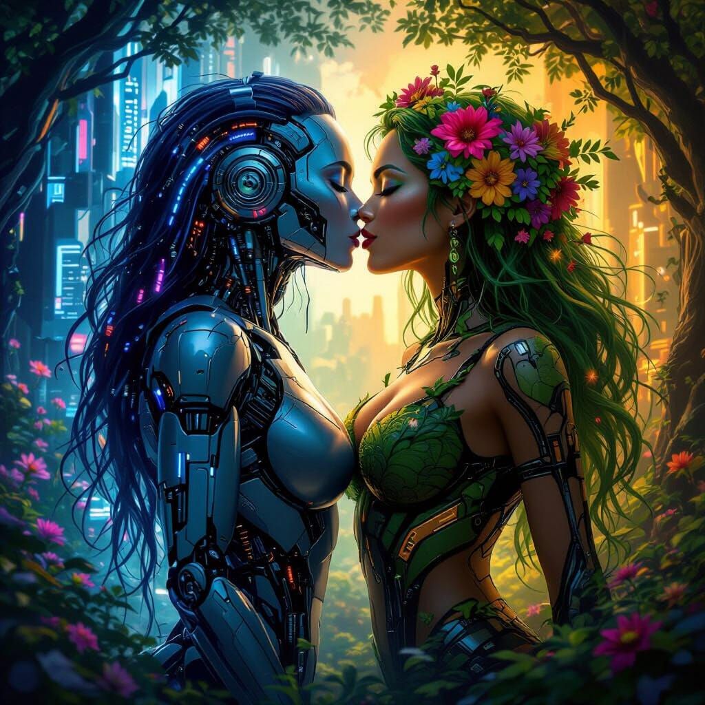 Cyborg and Forest Goddess Embrace in Futuristic Nature Kiss