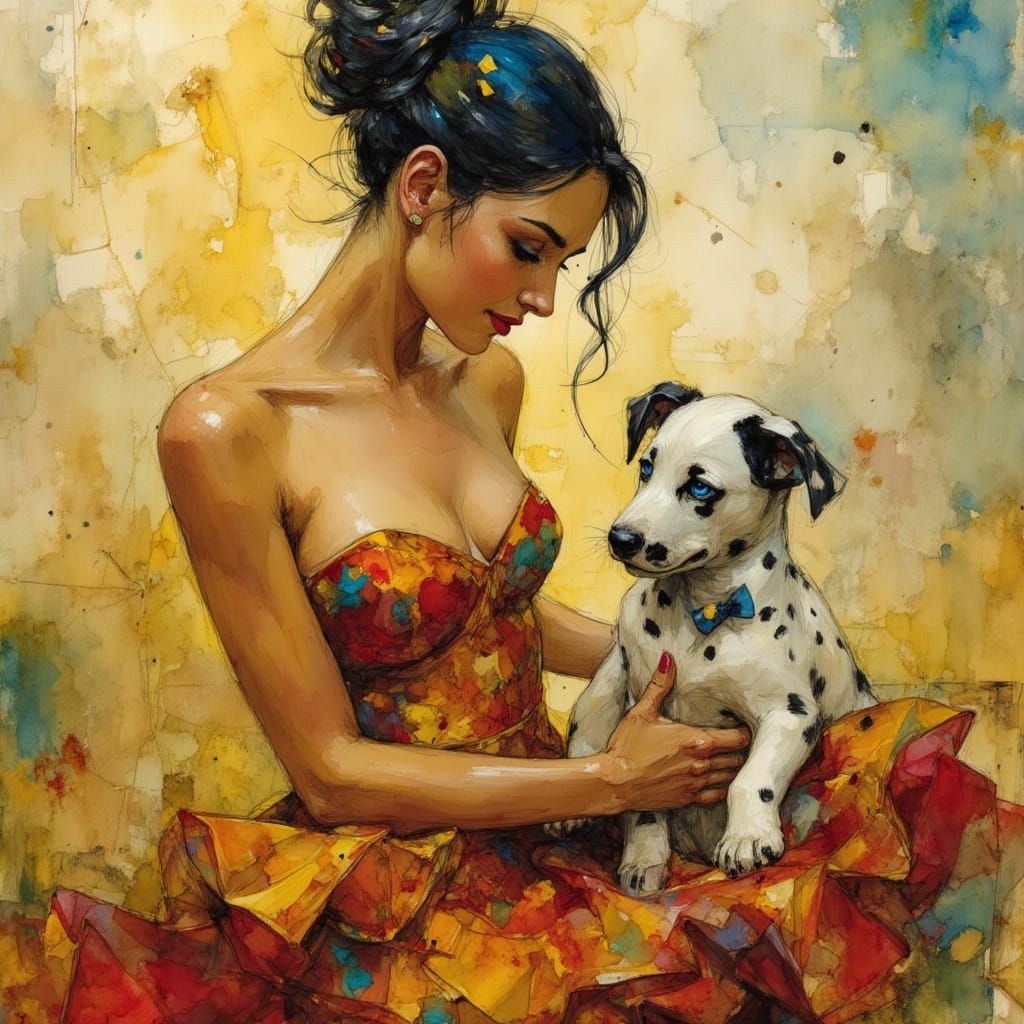 Android Robot and Dalmatian Puppy in Polka Dot Dreamscape