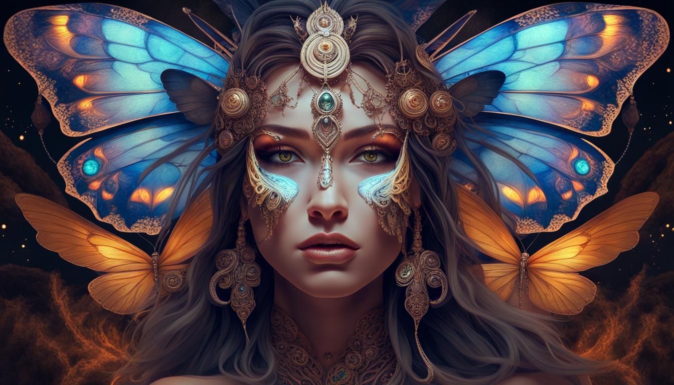Butterfly-Winged Shaman-Angel Flying Under the Moon