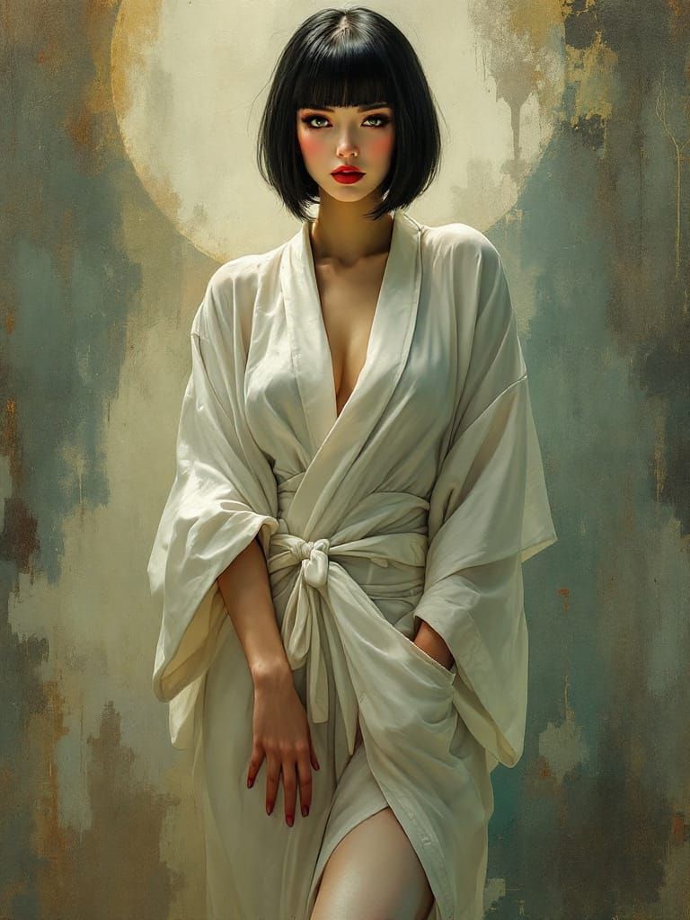 Japanese Pin-Up Woman in Tonalist Oil Painting Style