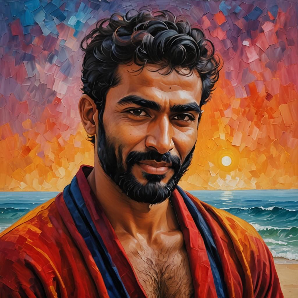 Elegant Hirsute Gentleman in Red Velvet Robe