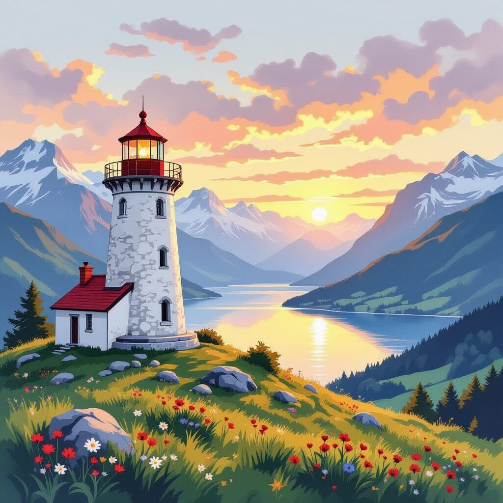 Lighthouse Overlooking Swiss Valley in Watercolor Style