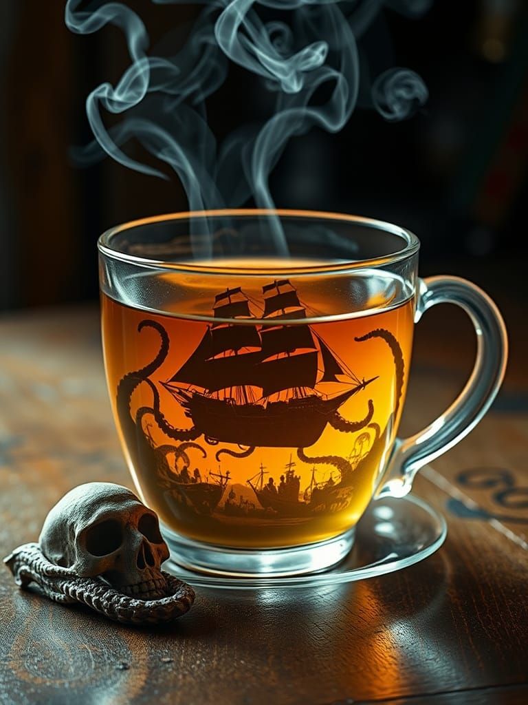 Surreal Teacup Kraken Shipwreck in Golden Light
