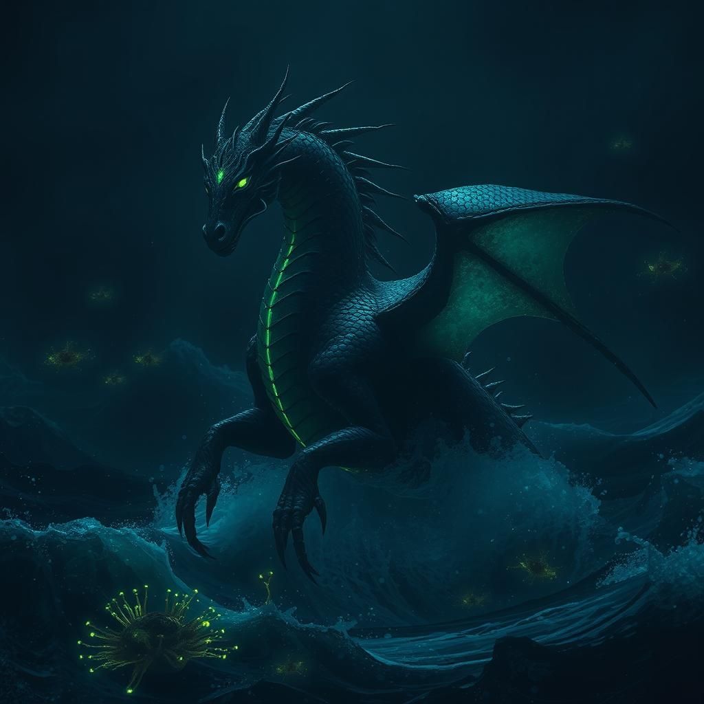 Mystical Sea Dragon Horse Emerges from Dark Ocean
