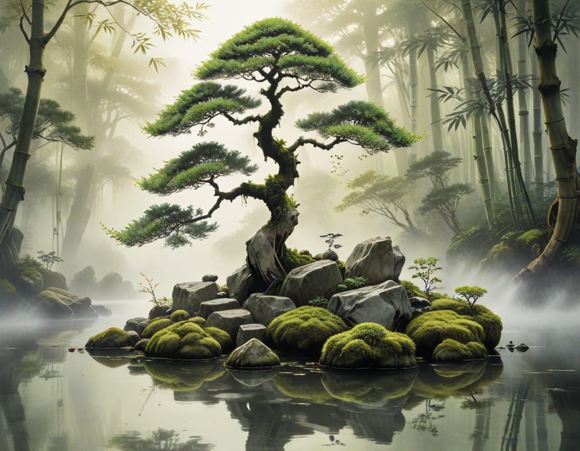 Bonsai Tree in Zen Garden: Chinese Ink Wash Painting