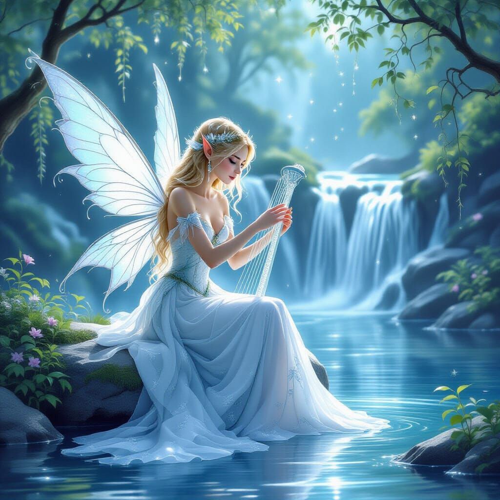 Enchanted Elven Princess by Waterfall in Watercolor Style