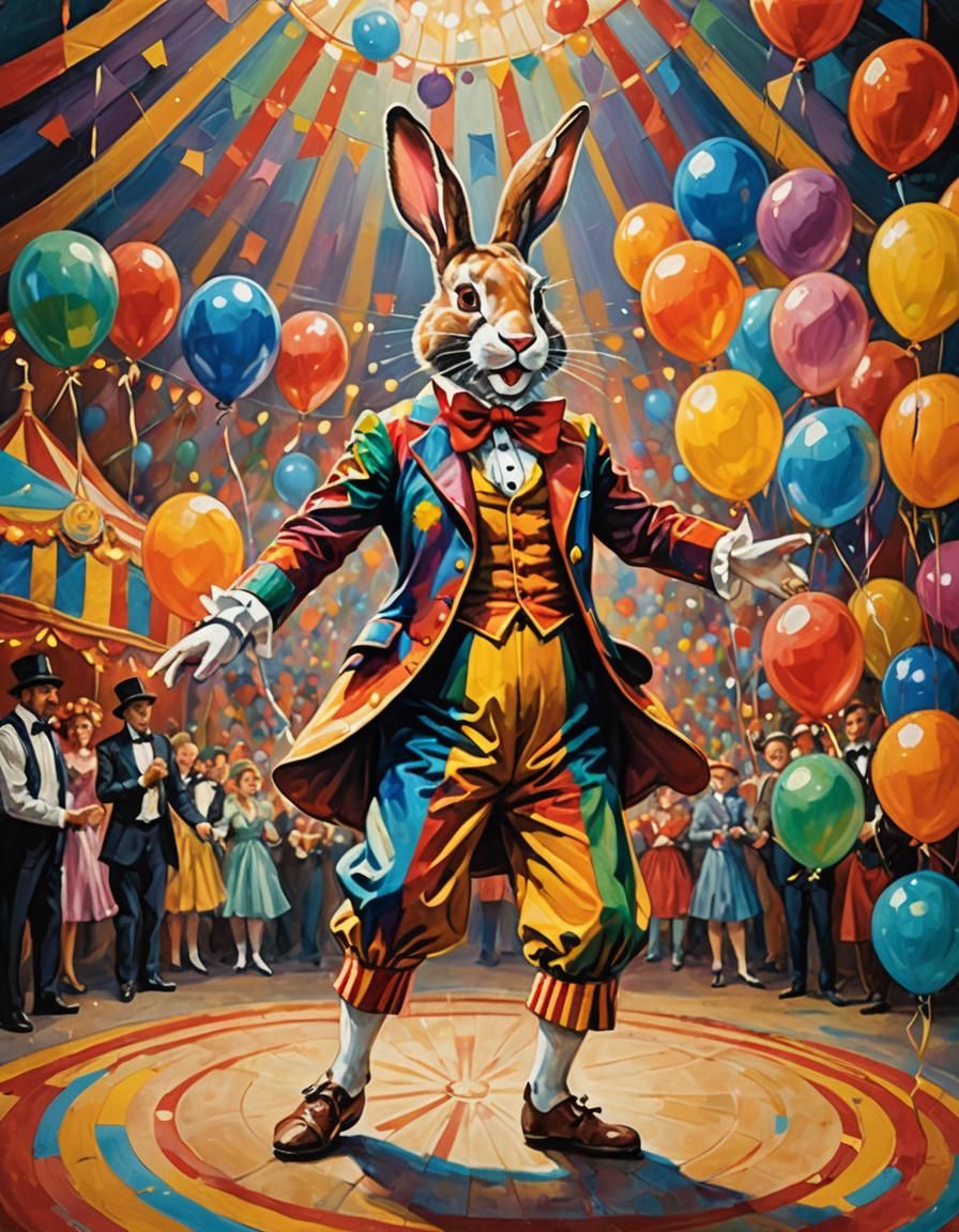 Rabbit Clown in Circus Ring, Oil Painting